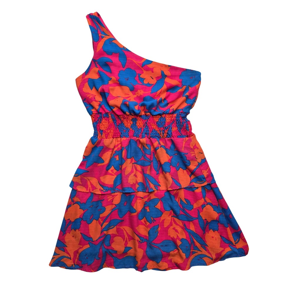 Gilli One Shoulder Smocked Tiered Floral Mini Dress Pink Orange Blue Womens L